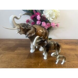 Royal Dux Elephant Figurine Set Large Porcelain Czechoslovakia Vintage